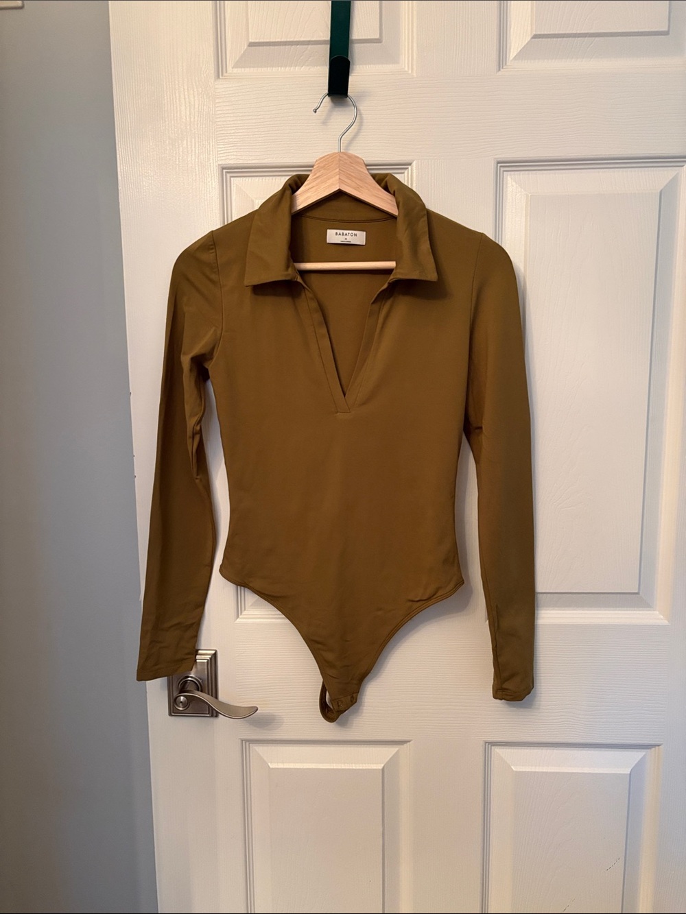 Babaton Olive Collared V-Neck Long-Sleeve Bodysuit